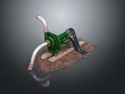 Vintage Green Manual Water Pump With Metal Pipes And Rustic Ground Base 3d model