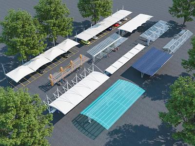 Various Outdoor Canopies in Different Designs with Trees and Open Space 3d model