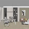 Modern Minimalist Office Interior With Sofa Desk Bookshelf Green Plant And Wall Art