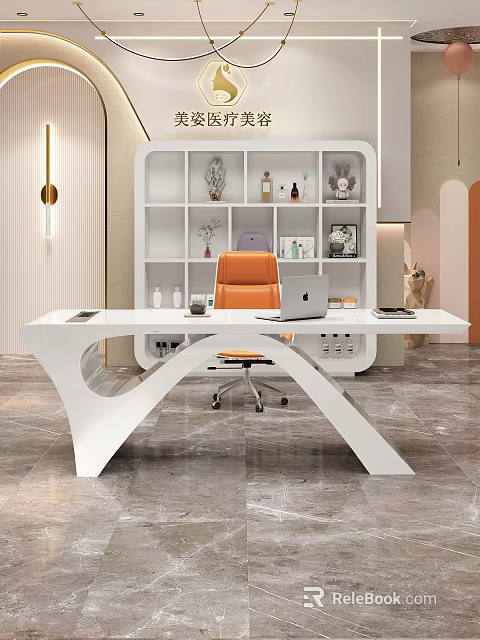 Modern White Office Desk with Orange Chair Laptop and Decorative Bookshelf Background 3d model 