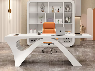 Modern White Office Desk with Orange Chair Laptop and Decorative Bookshelf Background 3d model
