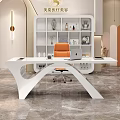 Modern White Office Desk with Orange Chair Laptop and Decorative Bookshelf Background