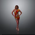 Woman In Orange And Yellow Zebra Print Shoulder Dress With High Heels On Gray Background