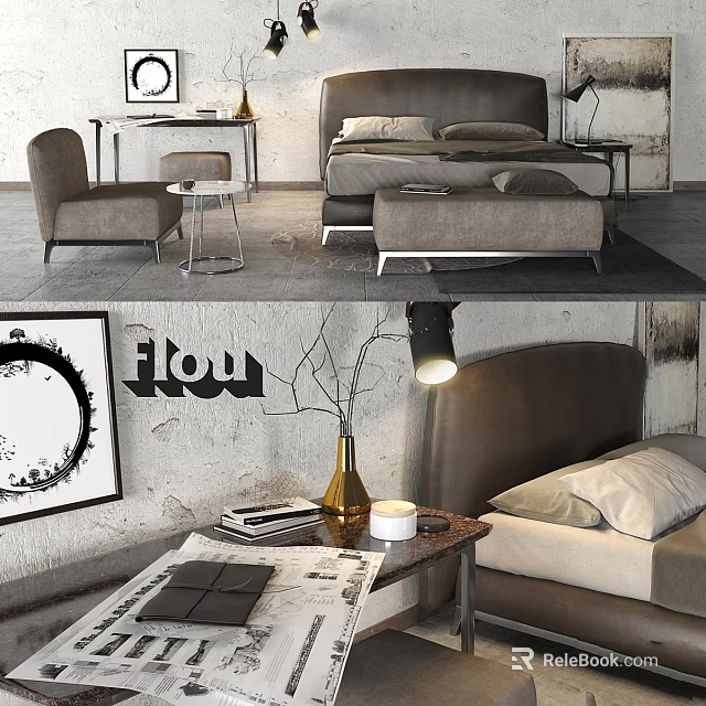 Elegant Modern Double Bed Interior With Bedside Table Lamp And Decorative Art Pieces 3d model 