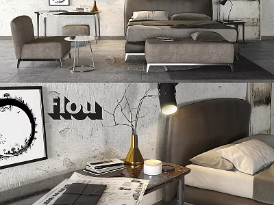 Elegant Modern Double Bed Interior With Bedside Table Lamp And Decorative Art Pieces 3d model
