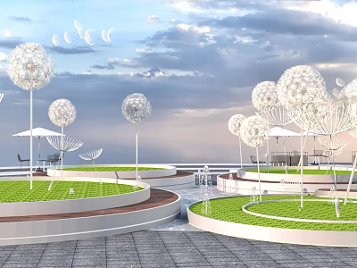 Dandelion Shaped Pergola With Green Lawns Circular Platforms Wooden Walkways Under Sky Clouds And Moon 3d model