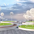 Dandelion Shaped Pergola With Green Lawns Circular Platforms Wooden Walkways Under Sky Clouds And Moon