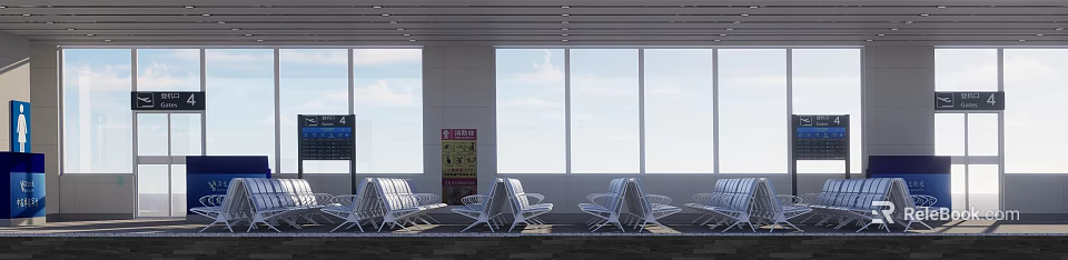 Airport Interior With Large Windows Blue Sky Clouds And White Metal Seats 3d model 