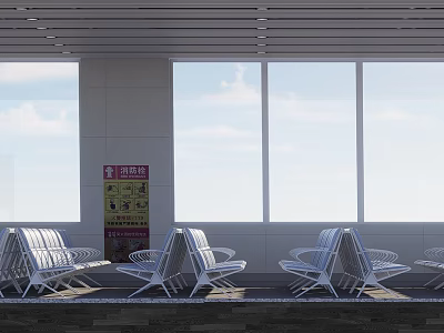 Airport Interior With Large Windows Blue Sky Clouds And White Metal Seats 3d model