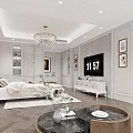 Luxurious Bedroom Interior With Crystal Chandelier Tufted Headboard And Area Rug