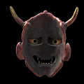 Traditional Red Horned Carved Wooden Mask With Intricate Facial Features