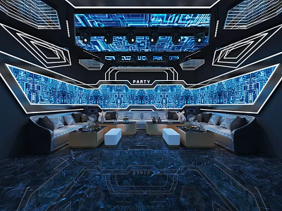 Modern KTV Interior Design With Futuristic LED Lighting And Comfortable Sofa Lounge 3d model