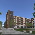 Red Brick Multi Story School Building Exterior With Trees Lawn Walkway And Benches