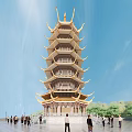 Ancient Chinese Architecture Featuring Yellow Roof Overhanging Eaves And Courtyard With Visitors