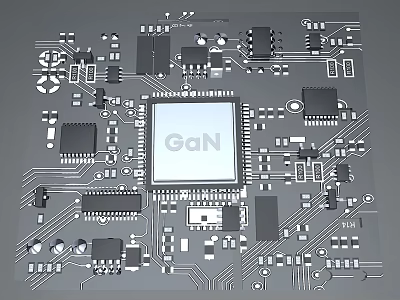 GaN Chip Circuit Board With Electronic Components And Microchips Layout Design 3d model
