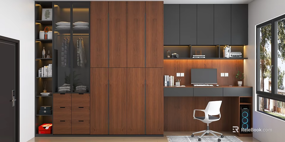 Modern Dark Brown Wooden Wardrobe With Sliding Doors And Storage Drawers Interior Design 3d model 