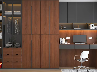 Modern Dark Brown Wooden Wardrobe With Sliding Doors And Storage Drawers Interior Design 3d model