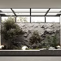 Modern Garden Nook With Stone Wall Green Plants Glass Skylight And Lighting