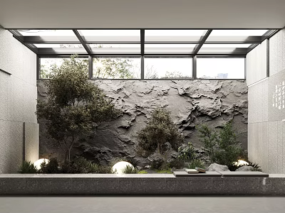 Modern Garden Nook With Stone Wall Green Plants Glass Skylight And Lighting 3d model