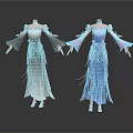 Stylish Women's Dresses With Flowy Sleeves And Layered Skirts In Gray And Blue On Mannequins