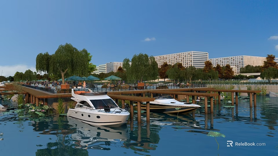 Luxury Yachts Moored At Lakeside Dock With Trees Buildings And Water 3d model 