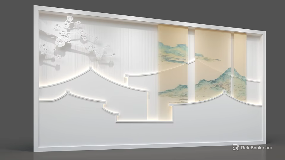 Chinese Style Feature Wall With Plum Blossom Mountain Scenery And Pavilion Lighting 3d model 