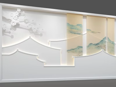Chinese Style Feature Wall With Plum Blossom Mountain Scenery And Pavilion Lighting 3d model