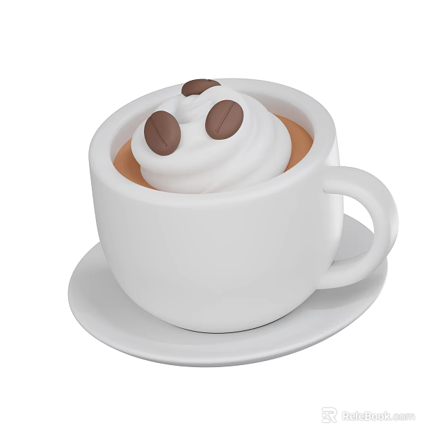 Creamy Coffee Beverage With Whipped Cream And Coffee Beans In White Cup On Saucer 3d model 