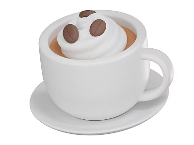 Creamy Coffee Beverage With Whipped Cream And Coffee Beans In White Cup On Saucer 3d model