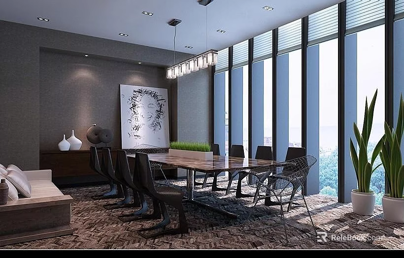 Modern Meeting Room Interior With Long Wooden Table Black Chairs And Large Windows 3d model 