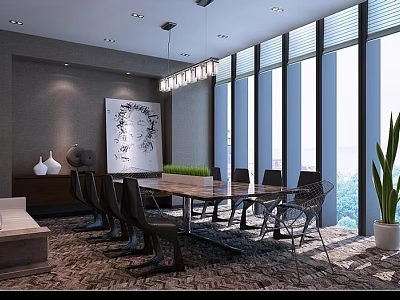 Modern Meeting Room Interior With Long Wooden Table Black Chairs And Large Windows 3d model