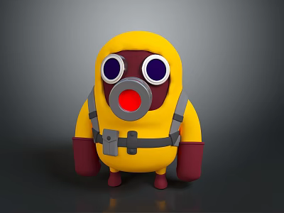 Game Movie Character Cartoon Style In Yellow Suit With Gas Mask Purple Eyes Red Gloves 3d model