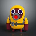 Game Movie Character Cartoon Style In Yellow Suit With Gas Mask Purple Eyes Red Gloves