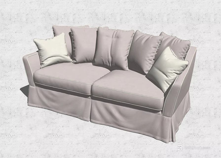 Light Gray Two Seater Sofa with Multiple Cushions White Throw Pillows and Skirted Design 3d model