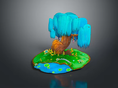 Blue Weeping Willow With Green Grass Yellow Flowers Small Pond Lily Pads And Water Lilies 3d model