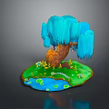 Blue Weeping Willow With Green Grass Yellow Flowers Small Pond Lily Pads And Water Lilies