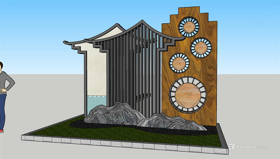 Chinese Style Garden Wall With Circular Decorations Pavilion Structure Rocks And Lawn 3d model 