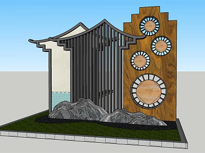 Chinese Style Garden Wall With Circular Decorations Pavilion Structure Rocks And Lawn 3d model
