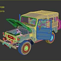 Blue Vintage SUV Toy Model With Open Hood Doors Soft Top And White Rims