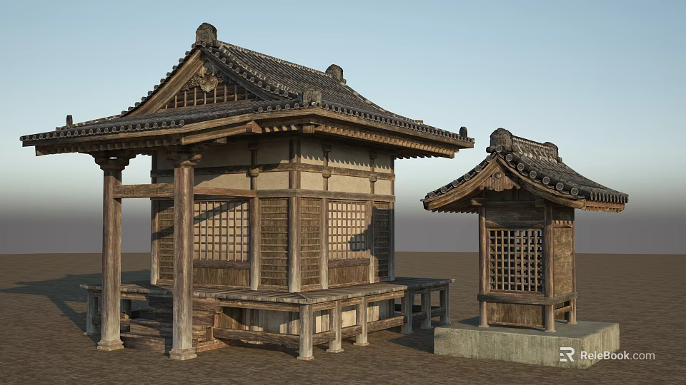 Traditional Ancient Wooden Architecture Featuring Upturned Eaves Latticed Windows And Stone Paved Ground 3d model 