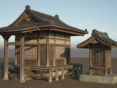 Traditional Ancient Wooden Architecture Featuring Upturned Eaves Latticed Windows And Stone Paved Ground 3d model