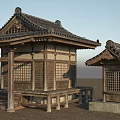 Traditional Ancient Wooden Architecture Featuring Upturned Eaves Latticed Windows And Stone Paved Ground