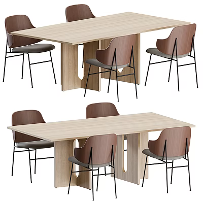 Modern Wooden Dining Table Set With Brown Chairs And Metal Legs 3d model