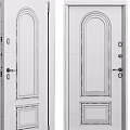 Stylish Dark Red And Light Gray Swing Doors With Arched Glass Panels And Decorative Patterns