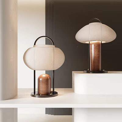 Modern Minimalist Table Lamps With White Fabric Shade Black Metal Frame And Brown Cylindrical Base 3d model