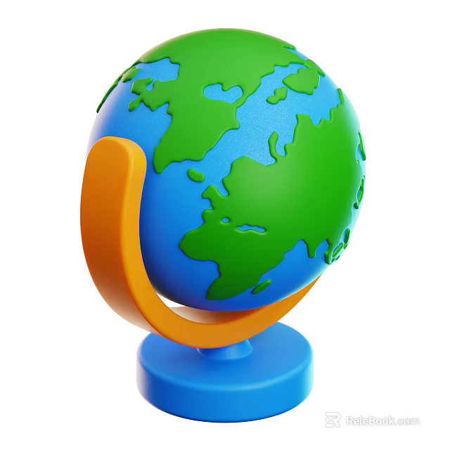 Colorful Globe With Blue Base Orange Stand And Green Landmasses 3d model 