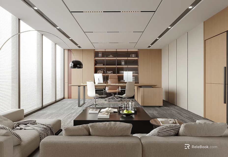 Modern Office Interior With Open Layout Large Windows Beige Sofa Wooden Bookshelf And Natural Light 3d model 