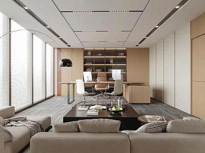 Modern Office Interior With Open Layout Large Windows Beige Sofa Wooden Bookshelf And Natural Light 3d model