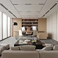 Modern Office Interior With Open Layout Large Windows Beige Sofa Wooden Bookshelf And Natural Light