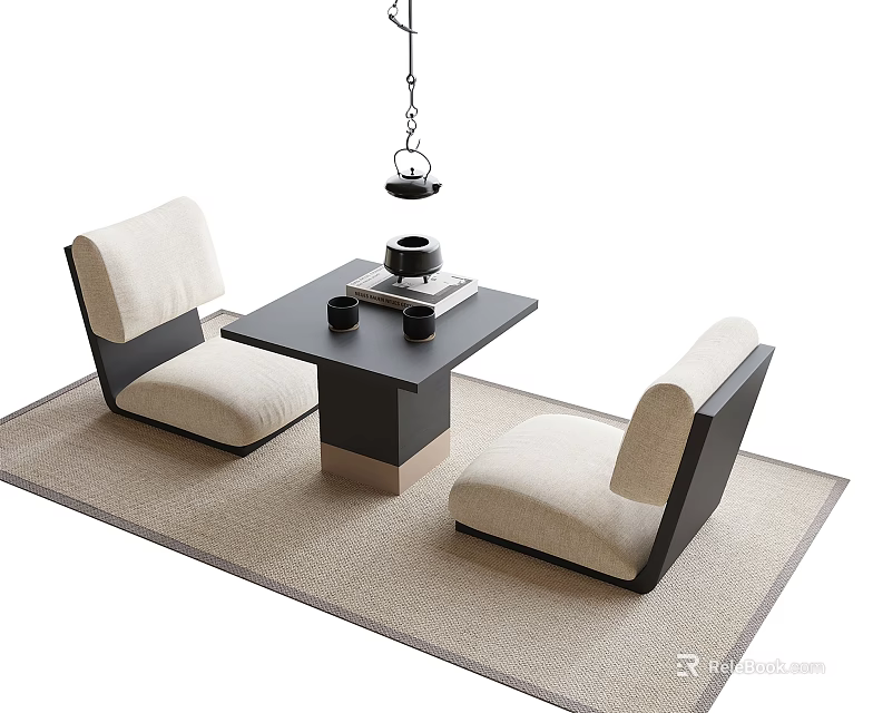 Modern Tea Table And Chairs With Simple Design And Tea Set On Carpet 3d model